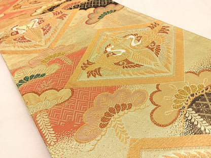 平和屋着物◎六通柄袋帯　唐織　双鶴松文　金糸　正絹　逸品　BAAU3061hj