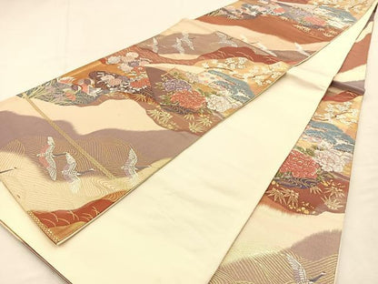 平和屋着物◎六通柄袋帯　唐織　道長流水鶴文　金糸　正絹　逸品　BAAU3064hj