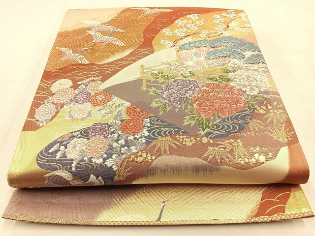 平和屋着物◎六通柄袋帯　唐織　道長流水鶴文　金糸　正絹　逸品　BAAU3064hj