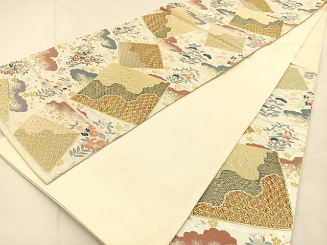平和屋着物◎六通柄袋帯　唐織　色紙取小花文　金銀糸　正絹　逸品　BAAU3070hj