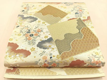 平和屋着物◎六通柄袋帯　唐織　色紙取小花文　金銀糸　正絹　逸品　BAAU3070hj