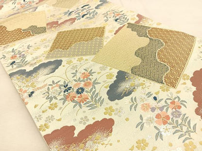 平和屋着物◎六通柄袋帯　唐織　色紙取小花文　金銀糸　正絹　逸品　BAAU3070hj