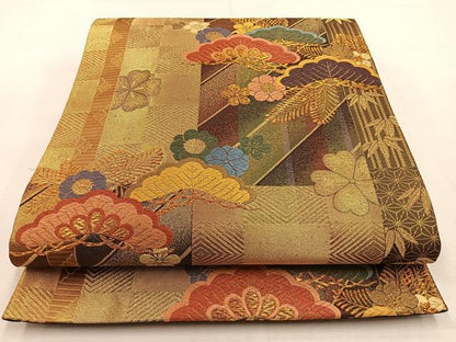 平和屋着物◎六通柄袋帯　唐織　松竹梅　金糸　正絹　逸品　BAAU3084hj