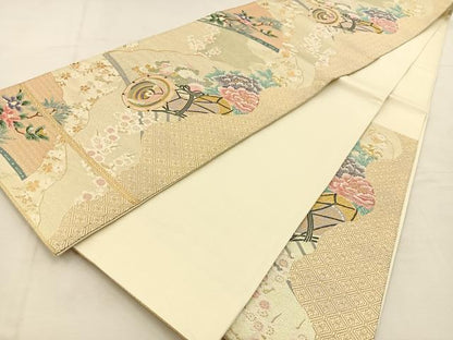 平和屋着物◎六通柄袋帯　唐織　鼓花鳥文　金糸　正絹　逸品　BAAU3091hj