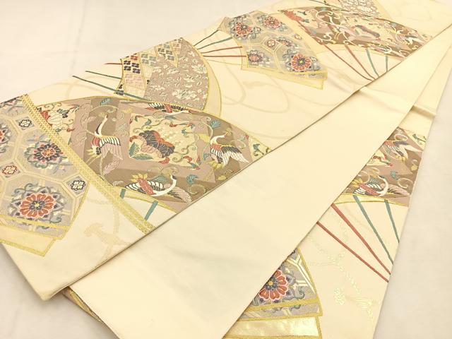 平和屋着物◎六通柄袋帯　唐織　扇面飛鶴桐花文　金銀糸　正絹　逸品　BAAU3095hj