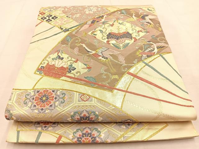 平和屋着物◎六通柄袋帯　唐織　扇面飛鶴桐花文　金銀糸　正絹　逸品　BAAU3095hj