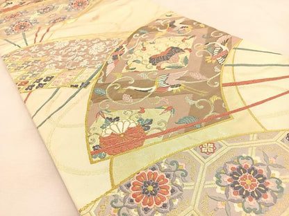 平和屋着物◎六通柄袋帯　唐織　扇面飛鶴桐花文　金銀糸　正絹　逸品　BAAU3095hj