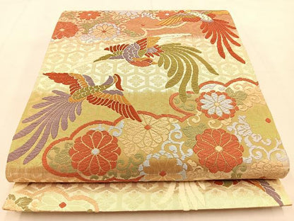 平和屋着物◎六通柄袋帯　唐織　雲取り花鳥文　金糸　正絹　逸品　BAAU3108hj