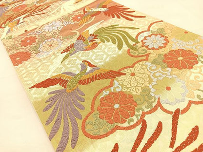 平和屋着物◎六通柄袋帯　唐織　雲取り花鳥文　金糸　正絹　逸品　BAAU3108hj