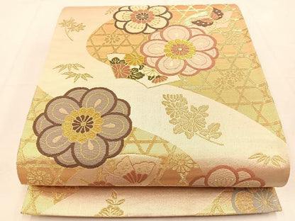 平和屋着物◎六通柄袋帯　唐織　地紙花蝶文　金糸　正絹　逸品　BAAU3117hj
