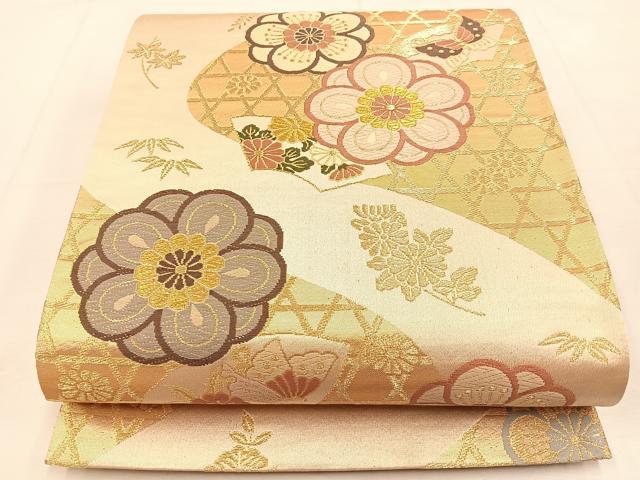 平和屋着物◎六通柄袋帯　唐織　地紙花蝶文　金糸　正絹　逸品　BAAU3117hj