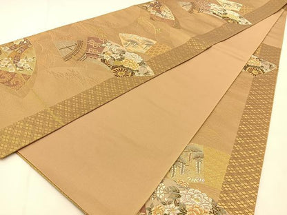 平和屋着物◎六通柄袋帯　唐織　地紙花車文　金糸　正絹　逸品　BAAU3125hj