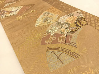 平和屋着物◎六通柄袋帯　唐織　地紙花車文　金糸　正絹　逸品　BAAU3125hj