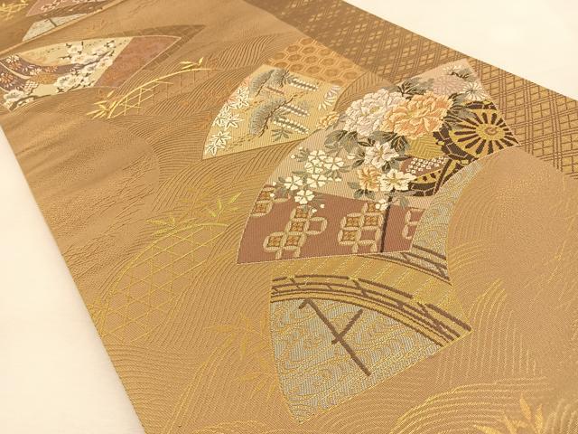 平和屋着物◎六通柄袋帯　唐織　地紙花車文　金糸　正絹　逸品　BAAU3125hj