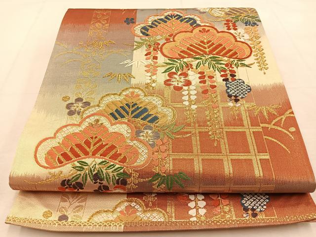 平和屋着物◎六通柄袋帯　唐織　松竹梅　金糸　正絹　逸品　BAAU3127hj