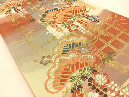 平和屋着物◎六通柄袋帯　唐織　松竹梅　金糸　正絹　逸品　BAAU3127hj