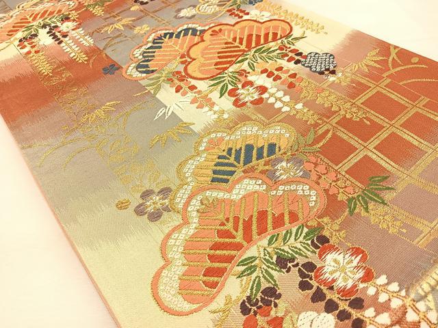 平和屋着物◎六通柄袋帯　唐織　松竹梅　金糸　正絹　逸品　BAAU3127hj