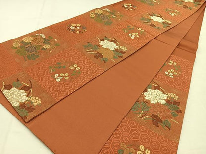 平和屋着物◎六通柄袋帯　唐織　市松花文　金糸　正絹　逸品　BAAU3129hj