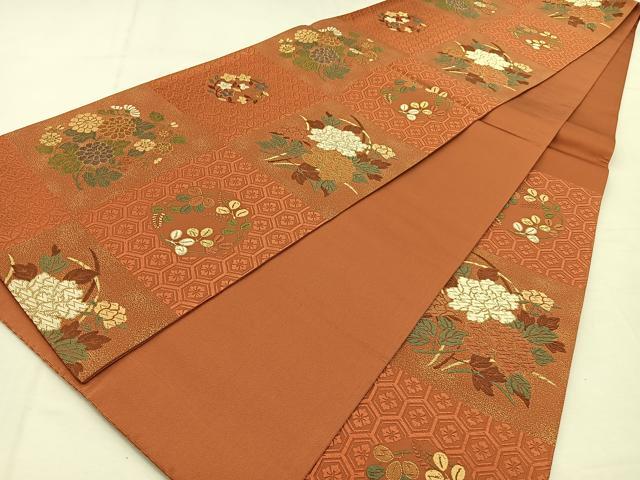 平和屋着物◎六通柄袋帯　唐織　市松花文　金糸　正絹　逸品　BAAU3129hj