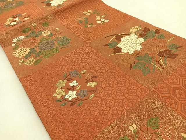 平和屋着物◎六通柄袋帯　唐織　市松花文　金糸　正絹　逸品　BAAU3129hj