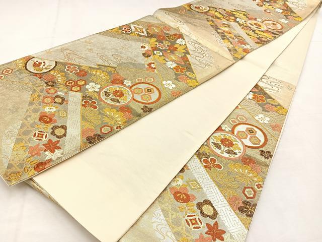 平和屋着物◎六通柄袋帯　唐織　松竹梅　双鶴花蝶文　金銀糸　正絹　逸品　BAAU3130hj