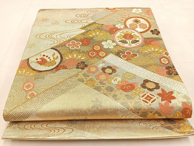 平和屋着物◎六通柄袋帯　唐織　松竹梅　双鶴花蝶文　金銀糸　正絹　逸品　BAAU3130hj