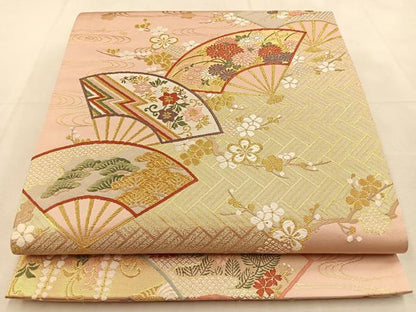 平和屋着物◎六通柄袋帯　唐織　扇面松花文　金糸　正絹　逸品　BAAU3134hj