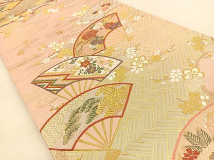 平和屋着物◎六通柄袋帯　唐織　扇面松花文　金糸　正絹　逸品　BAAU3134hj