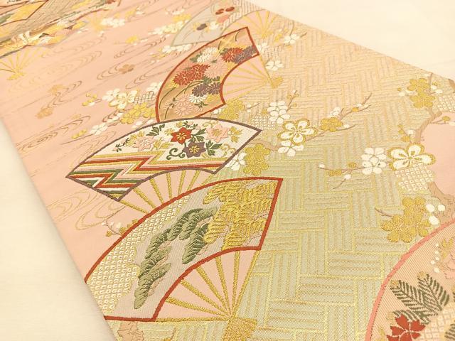 平和屋着物◎六通柄袋帯　唐織　扇面松花文　金糸　正絹　逸品　BAAU3134hj
