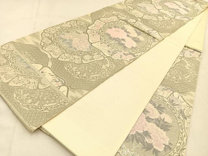 平和屋着物◎六通柄袋帯　唐織　花絵皿　銀糸　正絹　逸品　BAAU3165hj