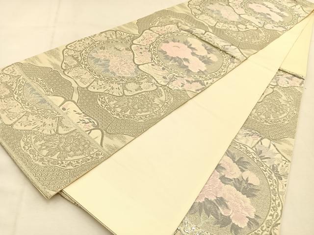 平和屋着物◎六通柄袋帯　唐織　花絵皿　銀糸　正絹　逸品　BAAU3165hj