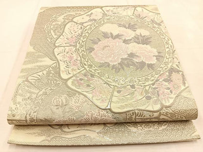 平和屋着物◎六通柄袋帯　唐織　花絵皿　銀糸　正絹　逸品　BAAU3165hj