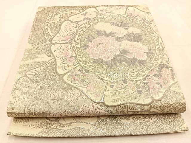 平和屋着物◎六通柄袋帯　唐織　花絵皿　銀糸　正絹　逸品　BAAU3165hj