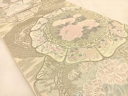 平和屋着物◎六通柄袋帯　唐織　花絵皿　銀糸　正絹　逸品　BAAU3165hj