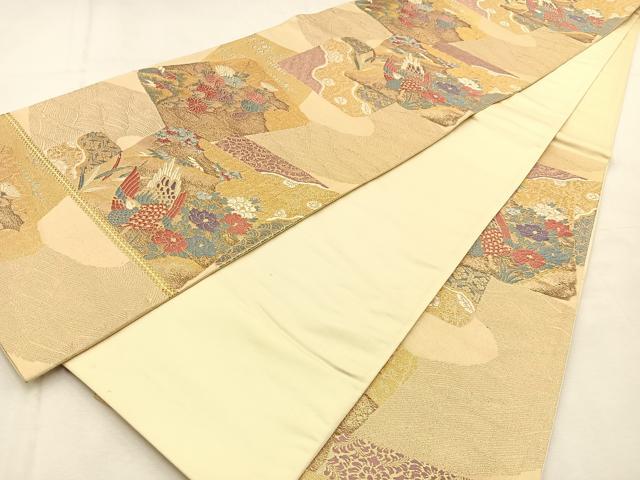 平和屋着物◎六通柄袋帯　唐織　色紙重ね花鳥文　金糸　正絹　逸品　BAAU3168hj
