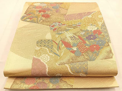 平和屋着物◎六通柄袋帯　唐織　色紙重ね花鳥文　金糸　正絹　逸品　BAAU3168hj