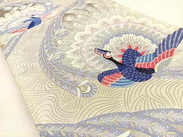 平和屋着物◎六通柄袋帯　唐織　孔雀　銀糸　正絹　逸品　BAAU3178hj