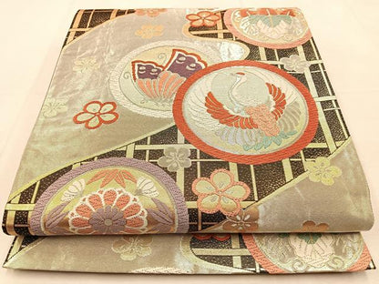 平和屋着物◎六通柄袋帯　唐織　飛鶴花蝶丸文　金銀糸　正絹　逸品　BAAU3203hj