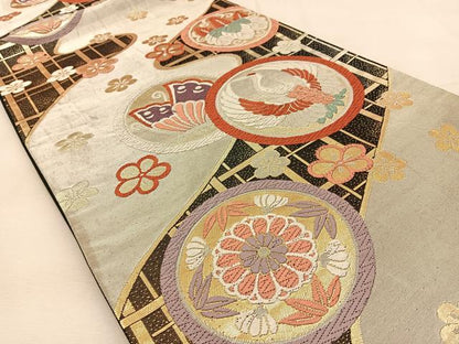 平和屋着物◎六通柄袋帯　唐織　飛鶴花蝶丸文　金銀糸　正絹　逸品　BAAU3203hj