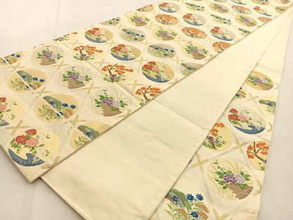 平和屋着物◎六通柄袋帯　唐織　菱天井花丸文　金銀糸　正絹　逸品　BAAU3216hj