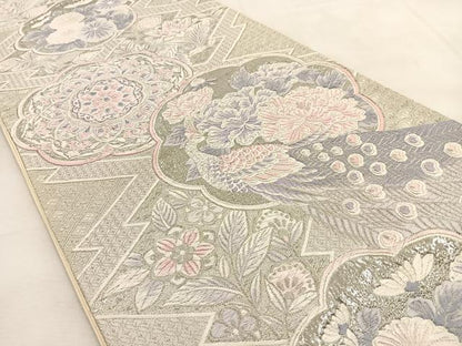 平和屋着物◎六通柄袋帯　唐織　正倉院孔雀花文　九百錦　プラチナ箔　正絹　逸品　BAAU3238hj