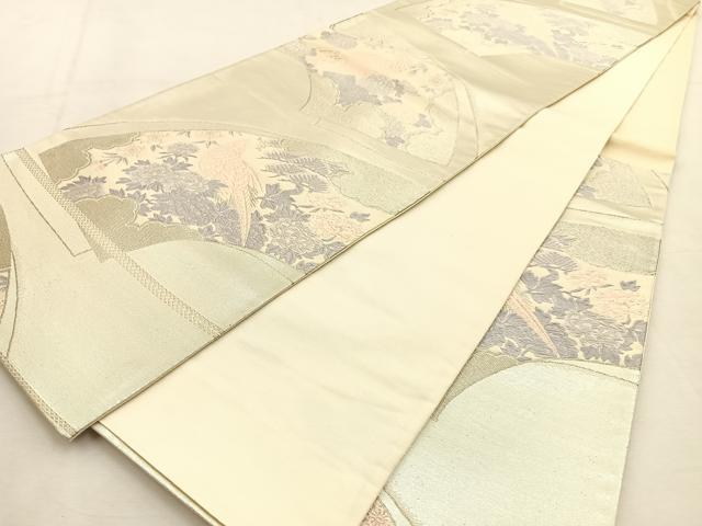 平和屋着物◎六通柄袋帯　唐織　地紙重ね尾長鳥花文　銀糸　正絹　逸品　BAAU3249hj