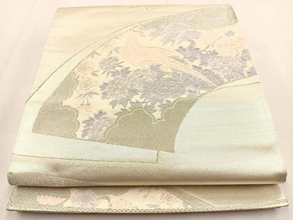 平和屋着物◎六通柄袋帯　唐織　地紙重ね尾長鳥花文　銀糸　正絹　逸品　BAAU3249hj