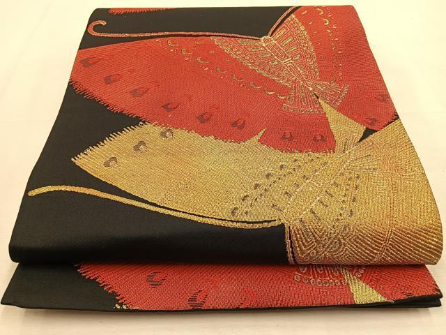 平和屋着物◎六通柄袋帯　舞蝶文　黒地　金糸　正絹　逸品　BAAU3258hj