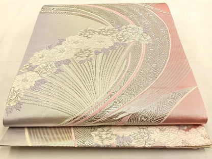平和屋着物◎六通柄袋帯　唐織　孔雀羽根花文　銀糸　正絹　逸品　BAAU3266hj