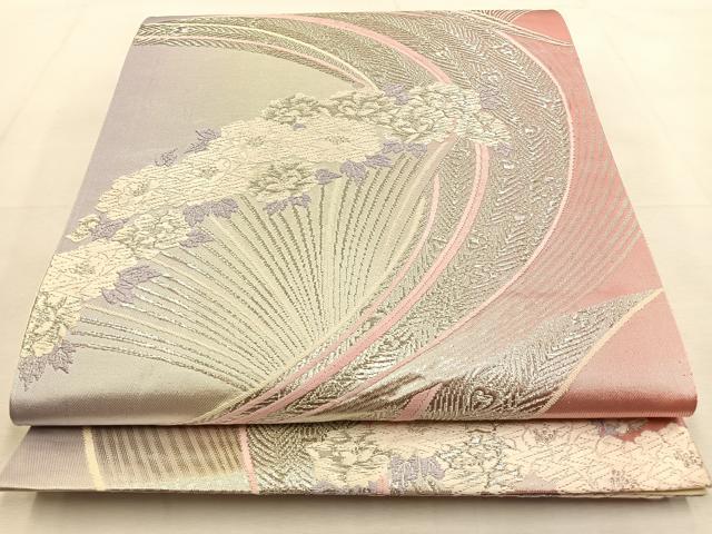 平和屋着物◎六通柄袋帯　唐織　孔雀羽根花文　銀糸　正絹　逸品　BAAU3266hj