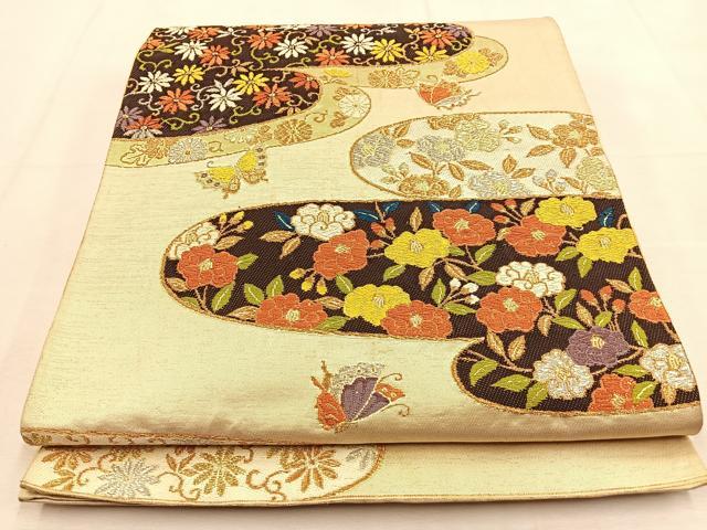 平和屋着物◎六通柄袋帯　唐織　エ霞花蝶文　金銀糸　正絹　逸品　BAAU3267hj