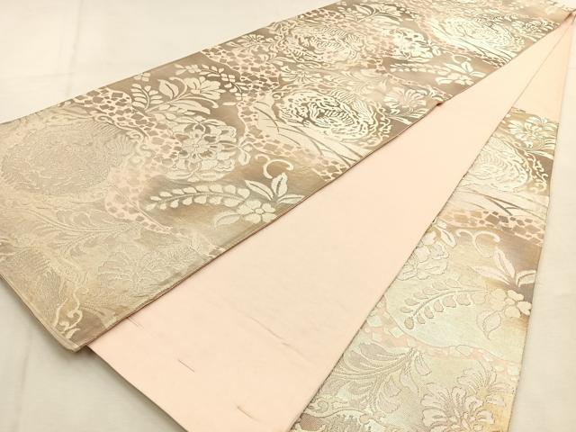 平和屋着物◎六通柄袋帯　花唐草文　銀糸　引箔　正絹　逸品　BAAU3287hj