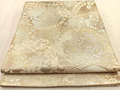 平和屋着物◎六通柄袋帯　花唐草文　銀糸　引箔　正絹　逸品　BAAU3287hj