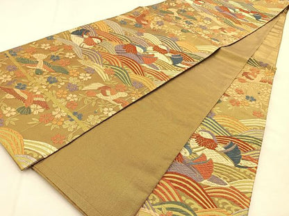 平和屋着物◎六通柄袋帯　唐織　鴛鴦花文　金糸　正絹　逸品　BAAU3315hj
